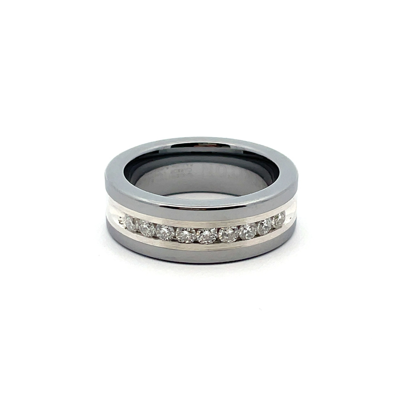 ARTCARVED GTS 8MM COMFORT FIT TUNGSTEN/SILVER INLAY; 9 ROUND DIAMOND BAND; .54CTW; SIZE 10